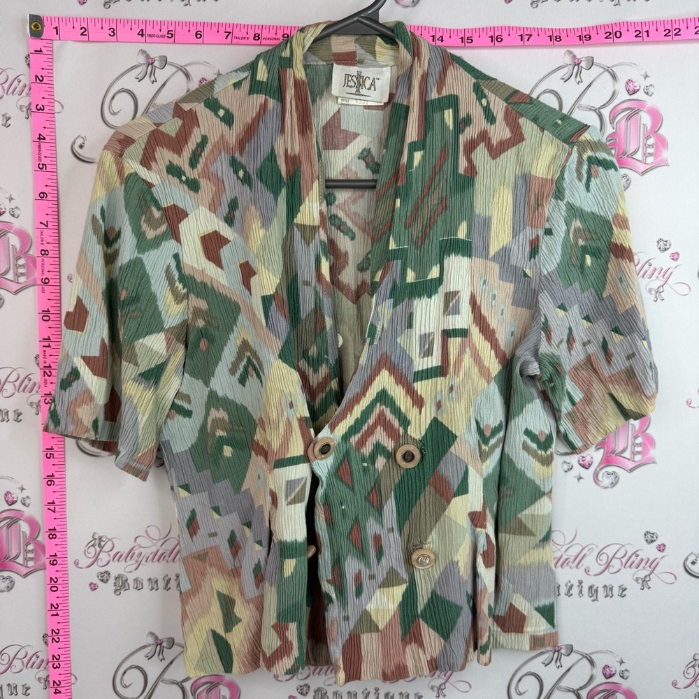 Jessica T-shirt button up Green Tan Multicolor Geometric Short Sleeve Blazer